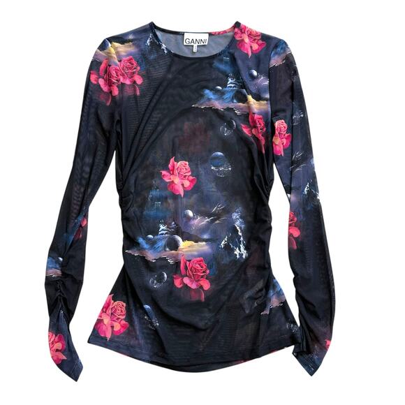 GANNI Ruched floral print stretch mesh top floral space 36 Small - Picture 1 of 15